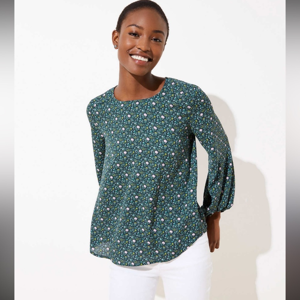 LOFT Ditsy Bloom Draped Sleeve Top Keyhole Button Office Core Floral Dark Green - Picture 1 of 8